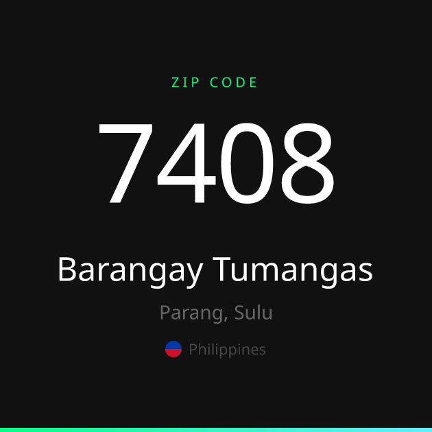 Shareable ZIP code 7408 card for Barangay Tumangas, dark theme