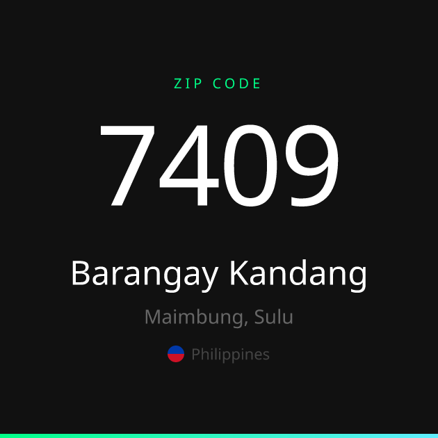 Shareable ZIP code 7409 card for Barangay Kandang, dark theme