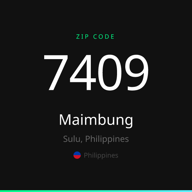 Shareable ZIP code 7409 card for Maimbung, dark theme