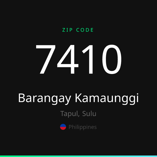 Shareable ZIP code 7410 card for Barangay Kamaunggi, dark theme