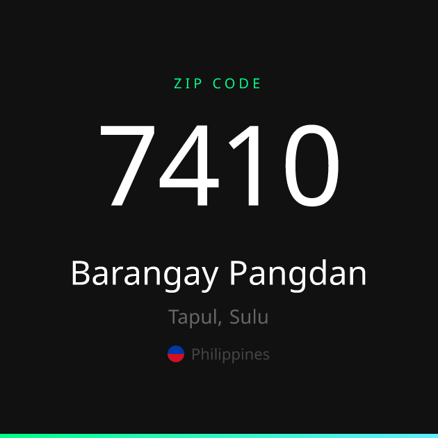 Shareable ZIP code 7410 card for Barangay Pangdan, dark theme