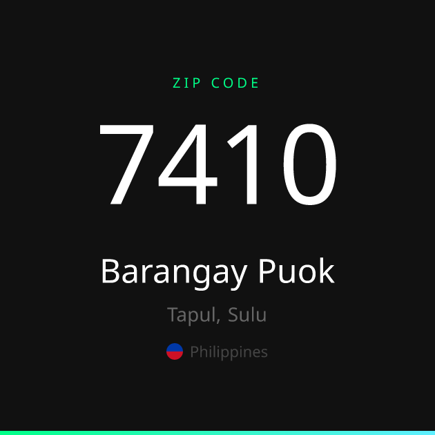 Shareable ZIP code 7410 card for Barangay Puok, dark theme