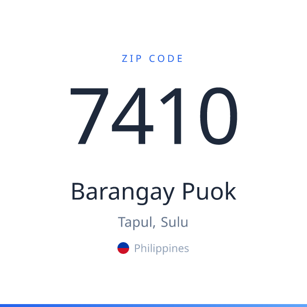 Shareable ZIP code 7410 card for Barangay Puok, light theme