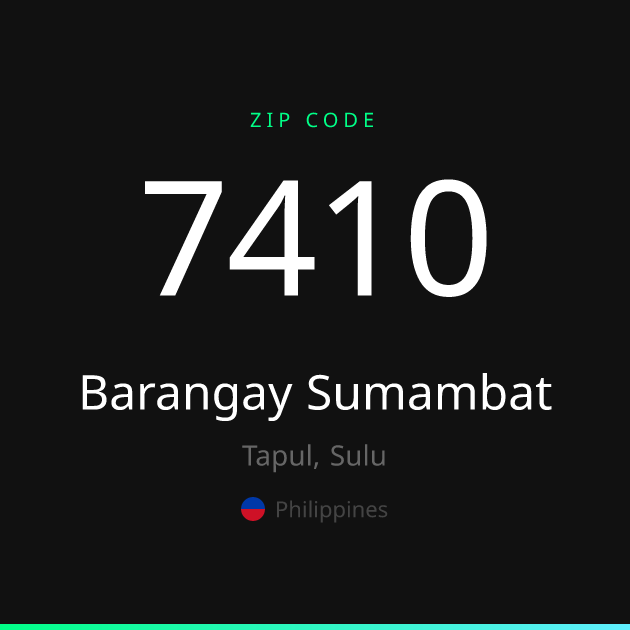 Shareable ZIP code 7410 card for Barangay Sumambat, dark theme