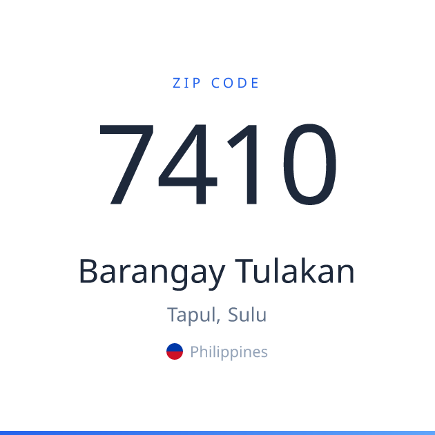 Shareable ZIP code 7410 card for Barangay Tulakan, light theme