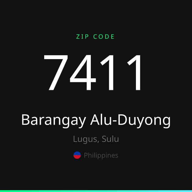 Shareable ZIP code 7411 card for Barangay Alu-Duyong, dark theme