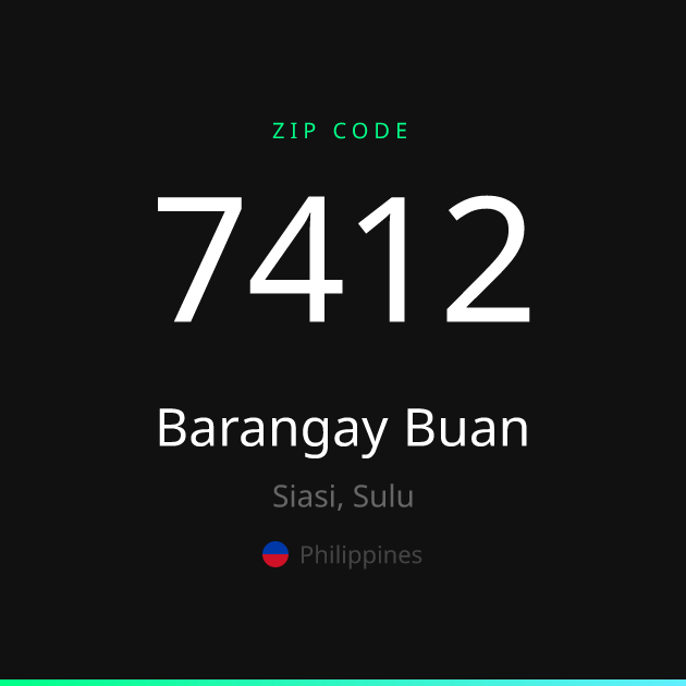 Shareable ZIP code 7412 card for Barangay Buan, dark theme