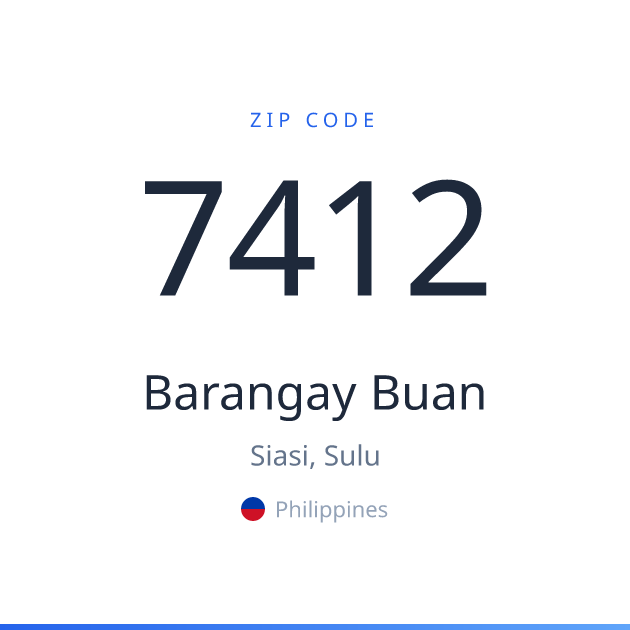 Shareable ZIP code 7412 card for Barangay Buan, light theme