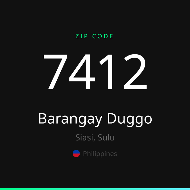 Shareable ZIP code 7412 card for Barangay Duggo, dark theme