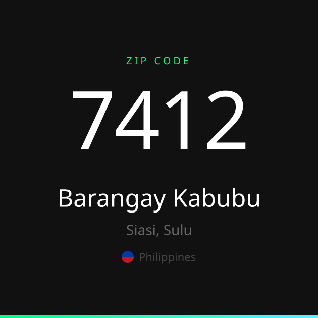 Shareable ZIP code 7412 card for Barangay Kabubu, dark theme