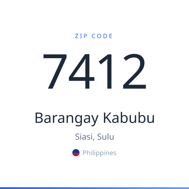 Shareable ZIP code 7412 card for Barangay Kabubu, light theme