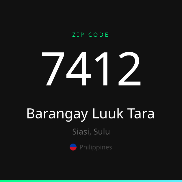Shareable ZIP code 7412 card for Barangay Luuk Tara, dark theme