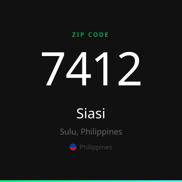 Shareable ZIP code 7412 card for Siasi, dark theme