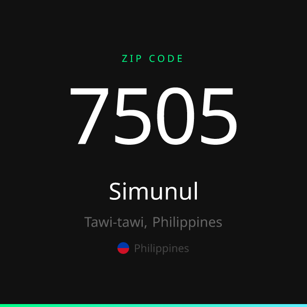 Shareable ZIP code 7505 card for Simunul, dark theme