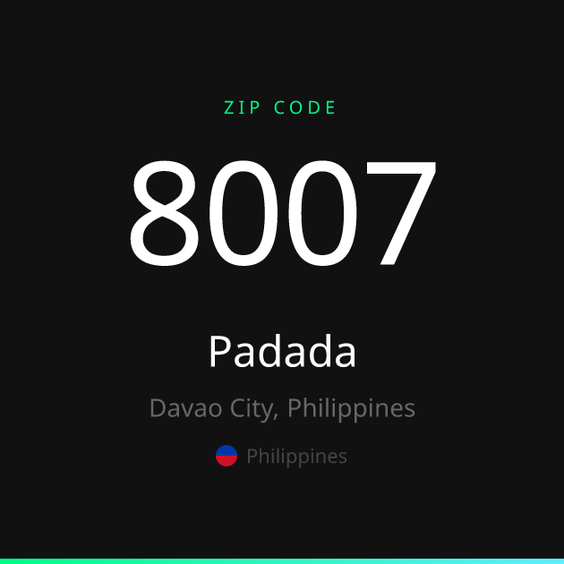 Shareable ZIP code 8007 card for Padada, dark theme