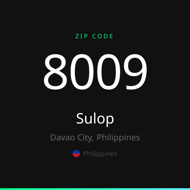 Shareable ZIP code 8009 card for Sulop, dark theme