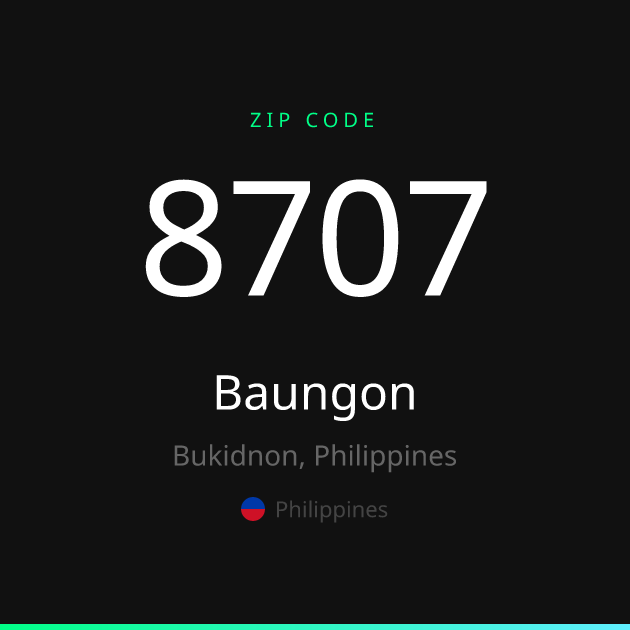 Shareable ZIP code 8707 card for Baungon, dark theme