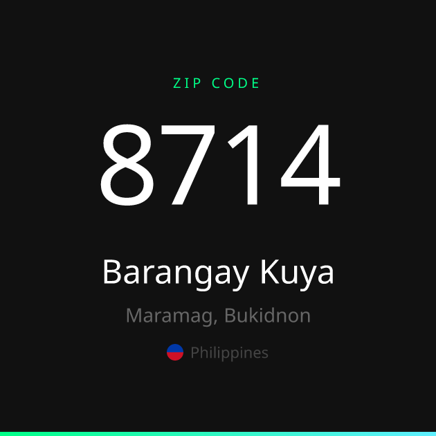 Shareable ZIP code 8714 card for Barangay Kuya, dark theme