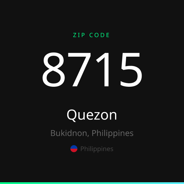 Shareable ZIP code 8715 card for Quezon, dark theme