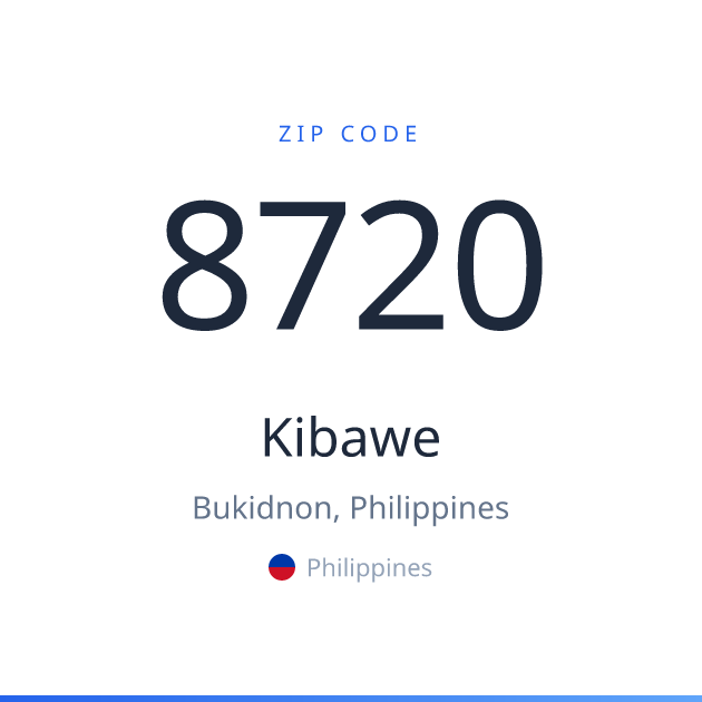 Shareable ZIP code 8720 card for Kibawe, light theme