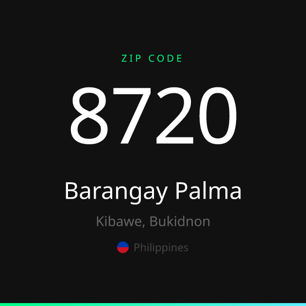 Shareable ZIP code 8720 card for Barangay Palma, dark theme