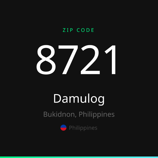 Shareable ZIP code 8721 card for Damulog, dark theme