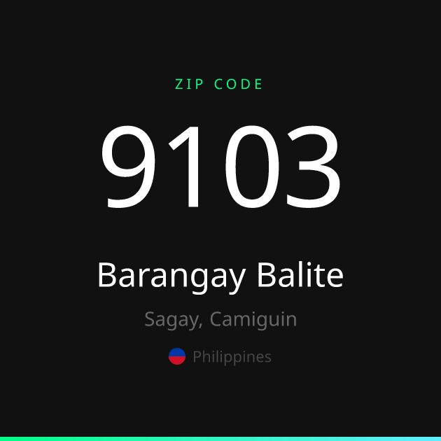Shareable ZIP code 9103 card for Barangay Balite, dark theme