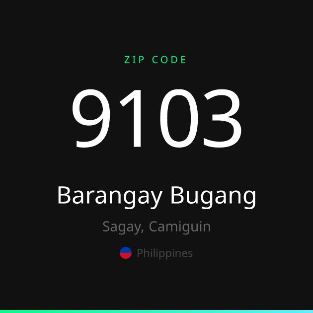 Shareable ZIP code 9103 card for Barangay Bugang, dark theme