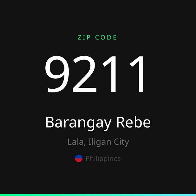 Shareable ZIP code 9211 card for Barangay Rebe, dark theme