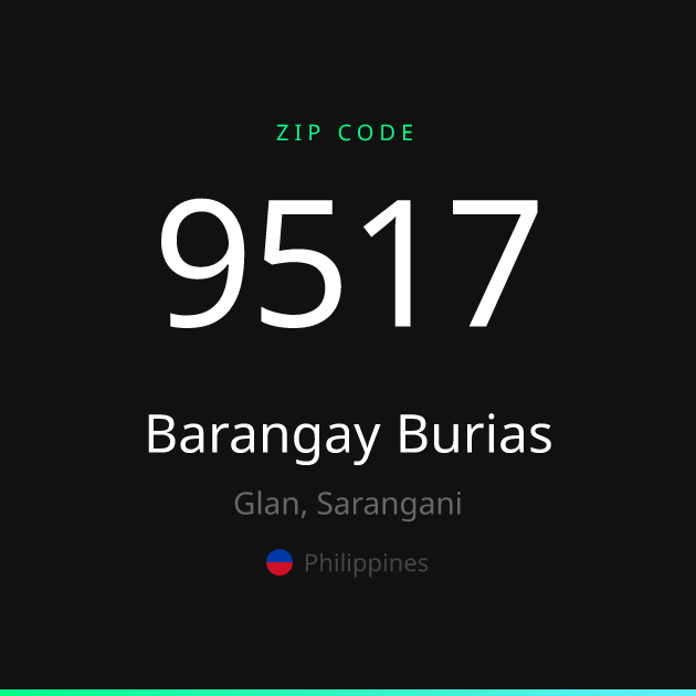 Shareable ZIP code 9517 card for Barangay Burias, dark theme