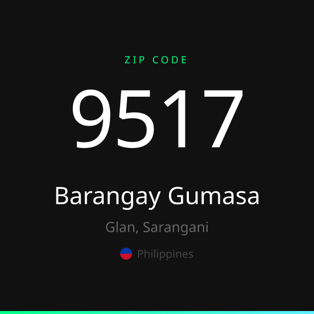 Shareable ZIP code 9517 card for Barangay Gumasa, dark theme