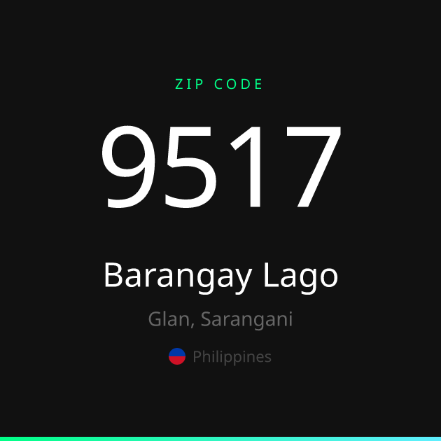 Shareable ZIP code 9517 card for Barangay Lago, dark theme