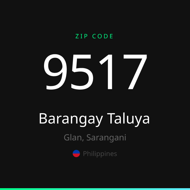 Shareable ZIP code 9517 card for Barangay Taluya, dark theme