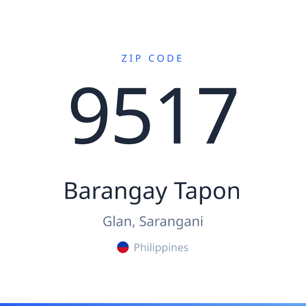 Shareable ZIP code 9517 card for Barangay Tapon, light theme