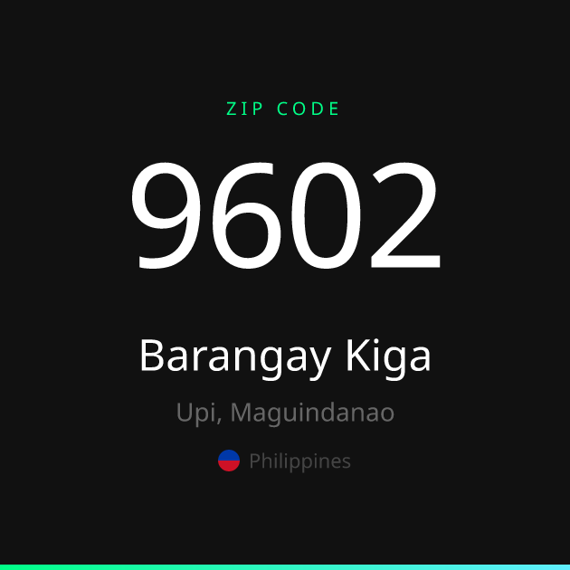 Shareable ZIP code 9602 card for Barangay Kiga, dark theme