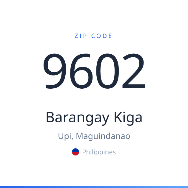 Shareable ZIP code 9602 card for Barangay Kiga, light theme