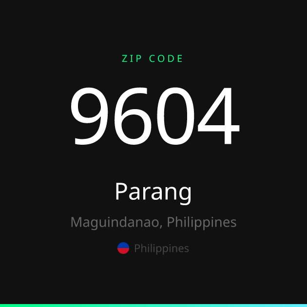 Shareable ZIP code 9604 card for Parang, dark theme