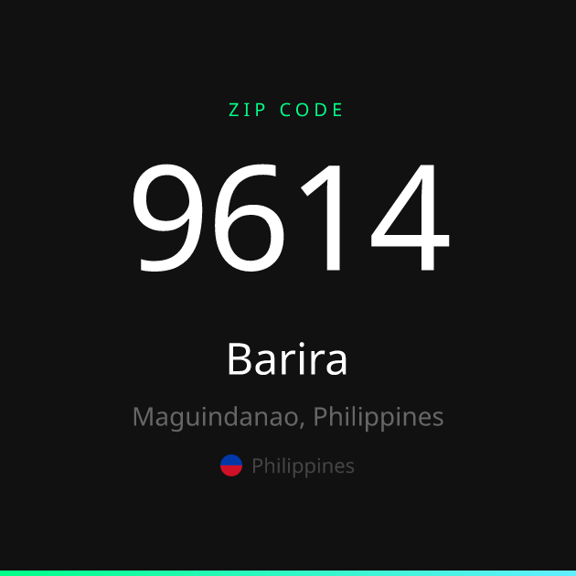 Shareable ZIP code 9614 card for Barira, dark theme