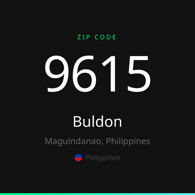 Shareable ZIP code 9615 card for Buldon, dark theme