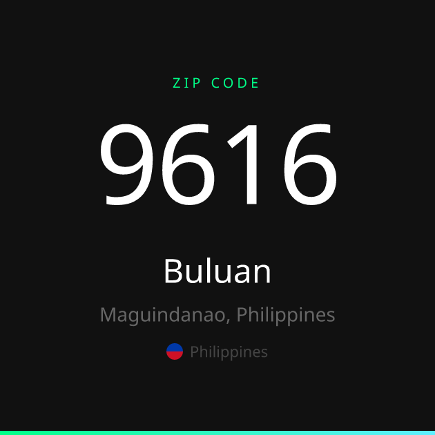 Shareable ZIP code 9616 card for Buluan, dark theme